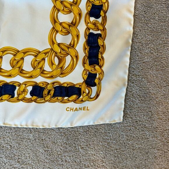 Chanel 100% Silk Scarf – Interlocking CC Logo – 34” x 34” – Neutrals - Picture 2 of 9